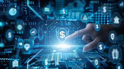 Online banking and digital money concept illustrated by a man's finger interacting with a virtual touch screen interface showing a central bank layout
