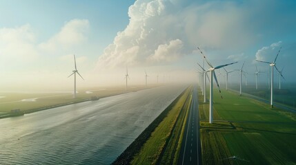 Wall Mural - Wind Turbines on a Foggy Day with a Road Leading to Them