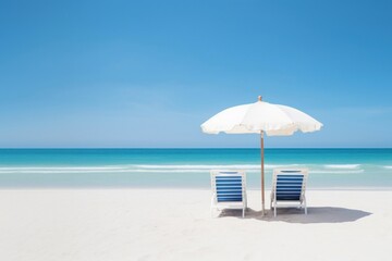 Canvas Print - Lounge chairs beach sea umbrella.