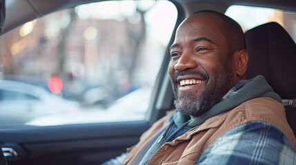 A black Uber taxi driver smiles while driving.