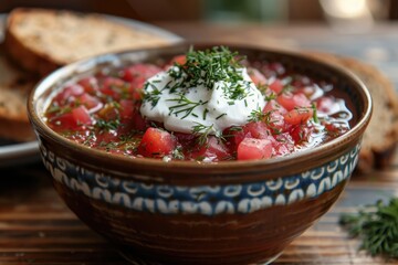 Wall Mural - A bowl of traditional borscht, garnished with a dollop of sour cream and fresh dill, served with a side of rye bread. 