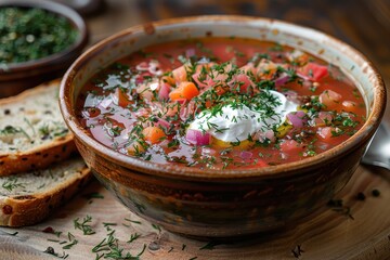 Wall Mural - A bowl of traditional borscht, garnished with a dollop of sour cream and fresh dill, served with a side of rye bread. 