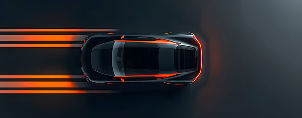 A top-down view of a sleek, high-speed sports car with glowing orange light trails speeding on a dark road. The dynamic motion and modern design emphasize speed and performance