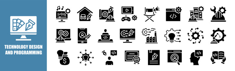 Technology Design and Programming icon set, design, technology, computer, software, web, programming