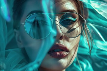 Poster - Closeup of a stylish woman in eyewear, surrounded by blue reflective light