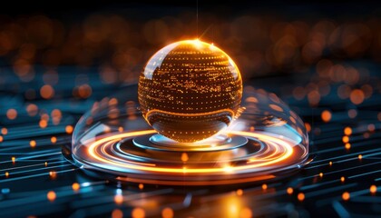 Wall Mural - High-tech digital sphere emitting a glowing, futuristic aura, placed on a circuit board with glowing golden lines and bokeh background.