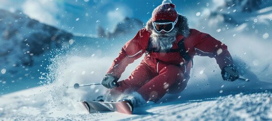 Wall Mural - Santa Claus Skiing Down Snowy Mountain