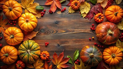 Canvas Print - Autumn-themed background with pumpkins, vibrant leaves, and berries , autumn, fall, seasonal, harvest