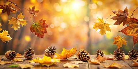 Wall Mural - Autumn background with falling leaves and pine cones , Autumn, background, fall, leaves, pine cones, nature, seasonal, foliage