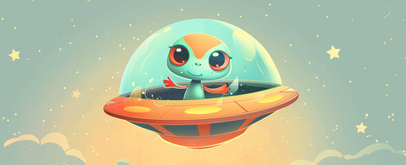 Wall Mural - A cute alien in a UFO