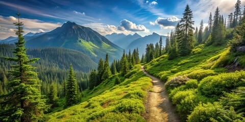 Poster - A scenic mountain hike with a winding trail through a lush forest, mountain, hike, trail, nature, scenic, adventure, outdoors