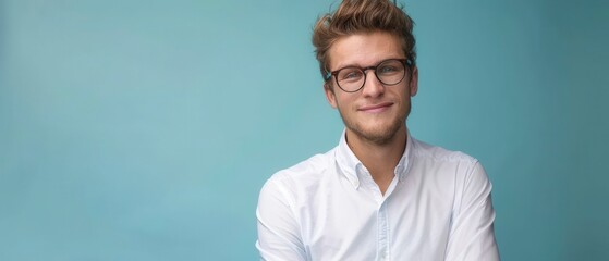Young man in white shirt and glasses poses against blue background in modern business portrait setting, with free space.