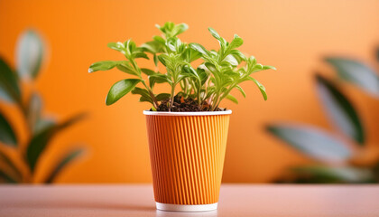 Wall Mural - Orange paper cup with green plants inside. Environmental protection concept. Close-up.