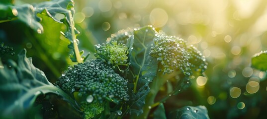 Wall Mural - Growing broccoli florets in a natural setting on a fuzzy garden background