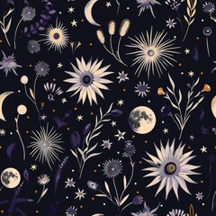 Wall Mural - Celestial Bloom: Nighttime Garden with Moons and Stars Pattern