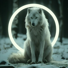 Canvas Print - Arctic Wolf in a Glowing Circle - Realistic Image