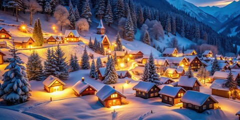 Poster - Christmas village winter landscape with houses lit up with warm light in snowy valley during evening, Christmas, village