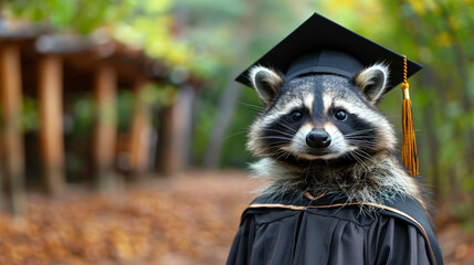 Wall Mural - Raccoon graduation cap gown standing outdoors looking happy. Concept education, graduate, leader