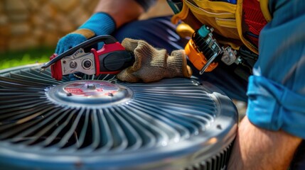 Sticker - Close-up of a Worker Repairing an Air Conditioner