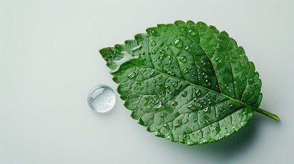 Wall Mural - Green Leaf with Water Droplets on White Background
