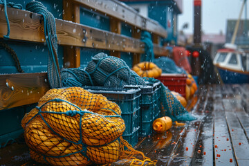 Wall Mural - Fishing nets and gear piled up on a dock