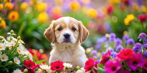 Sticker - Adorable puppy surrounded by colorful flowers, puppy, flowers, cute, pet, animal, nature, love, spring, happiness, garden, play