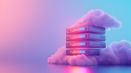 Poster - Digital cloud storage with neon light data servers in pink and blue hue background, symbolizing modern cloud computing and data management.