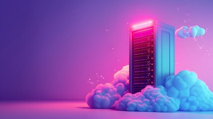 Poster - futuristic cloud computing concept with neon-lit server surrounded by clouds in a vibrant, colorful 