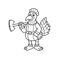 Cartoon turkey holding an axe vector line art