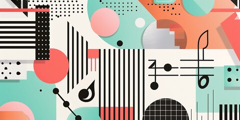 Wall Mural - A retro poster with bold geometric shapes and contrasting colors, such as circles, squares and lines forming patterns resembling musical instruments