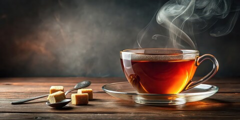 Canvas Print - A cup of tea with steam rising, placed on a saucer with a spoon and sugar cubes, beverage, hot drink, relaxation, tea time