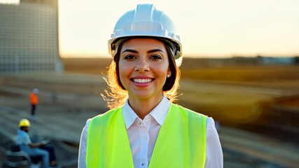 Canvas Print - Smiling female engineer in hard hat, ready to tackle the day at a construction site