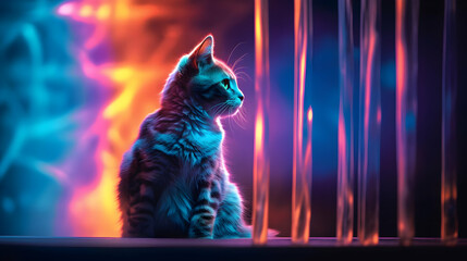 Sticker - Cat in Neon Lights Background Illustration