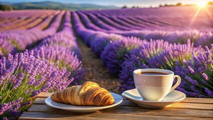 Poster - A cup of aromatic coffee with a croissant set against a beautiful lavender field backdrop, coffee, croissant, lavender