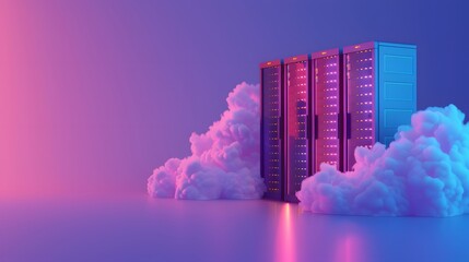 Poster - Futuristic server racks surrounded by clouds in a neon-lit environment symbolize cloud computing and modern data storage solutions.