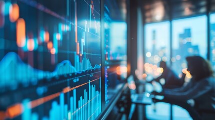 Poster - A business meeting with participants focused on a projector screen displaying stock market graphs.