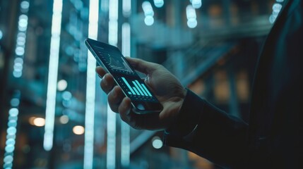 Poster - A businessman holding a smartphone displaying a business revenue graph.