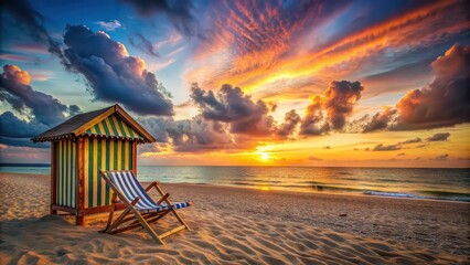 Wall Mural - Beach chair and hut on seashore during a colorful sunset, beach, chair, hut, seashore, sunset, horizon, relaxation, vacation