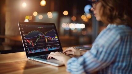Poster - A businesswoman analyzing stock graphs on a laptop at her desk.