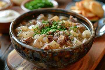 Wall Mural - A bowl of traditional English tripe, served with onions and white sauce.