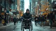 © YURY YUTY - A man navigating downtown in a wheelchair on an autumn day, surrounded by pedestrians and traffic.