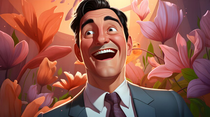 Canvas Print - Smiling Man in a Flower Garden Illustration