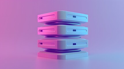 Stack of futuristic electronic devices under violet and blue lighting, technology concept with a minimalist design.