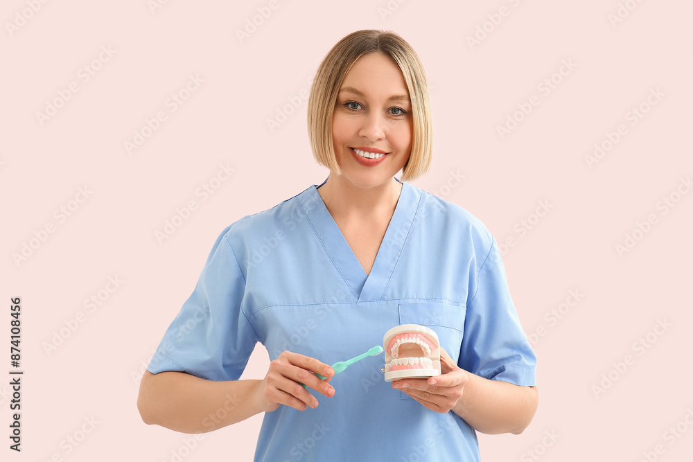 Female dentist with tooth brush and plastic jaw on pink background