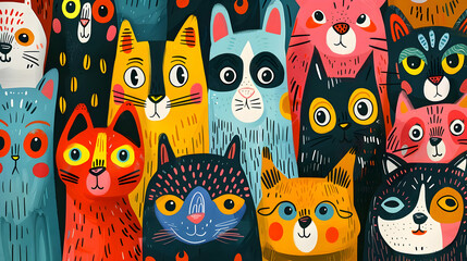 Wall Mural - Colorful Cat Illustration with  Bright Eyes and Striped Fur