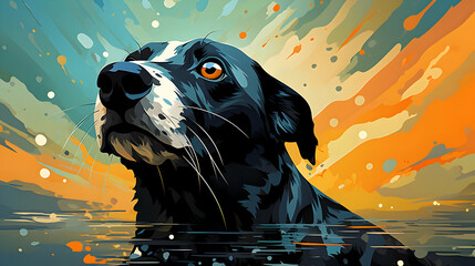 Canvas Print - Black and White Dog Swimming in Water Illustration