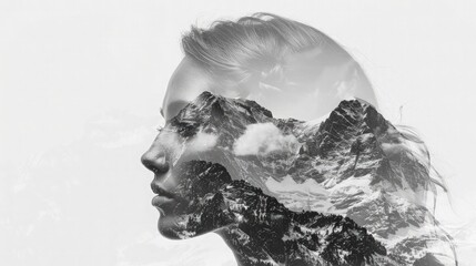 Double exposure of a mountain landscape blending with an abstract female face in black and white, isolated on a white background.