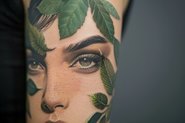 Sticker - Closeup of a woman's face with intricate leaf pattern makeup