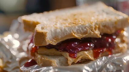 Wall Mural - A closeup shot of a hearty peanut butter and jelly sandwich carefully wrapped in foil and ready to be devoured on the go.