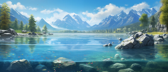 Wall Mural - Majestic Mountain Lake with Underwater View and Rocky Shore